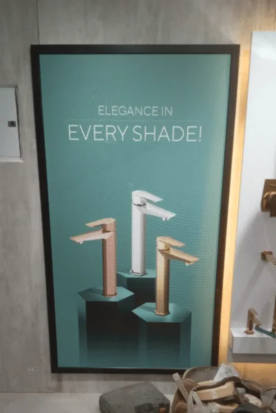 Outdoor advertising agency indoor poster showcasing stylish water faucets in multiple shades