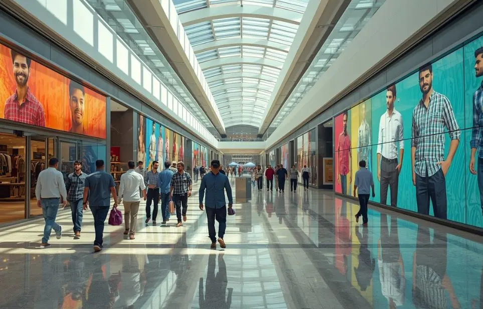 Colorful clothing brand banners inside a busy shopping mall, promoted by the best mall advertising company in Lucknow.