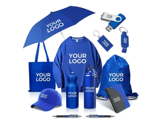 Collection of branded promotional items including umbrella, water bottles, tote bag, USB drives, and more—ideal examples of the best marketing materials for business visibility.