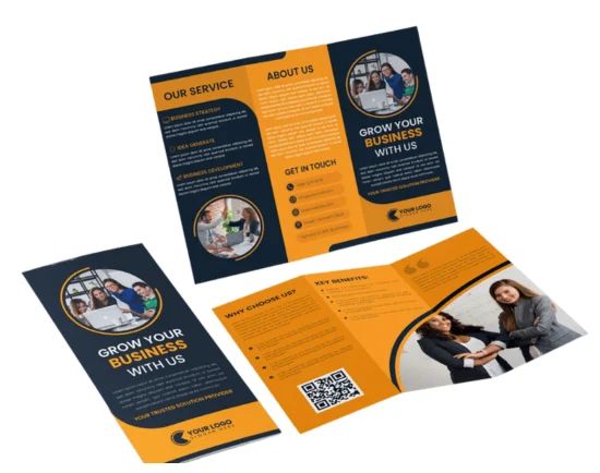 Professionally designed tri-fold brochures with company details and services, representing some of the best marketing materials for business communication.