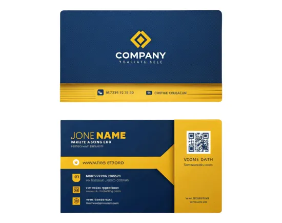 Professional business card designs in blue and gold with QR code, showcasing the best marketing materials for networking and brand recognition.