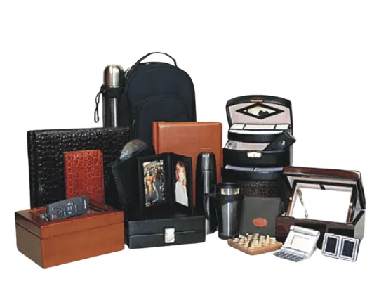 Collection of premium executive gifts like bags, flasks, boxes, and leather items, highlighting the best marketing materials for client appreciation and brand loyalty.