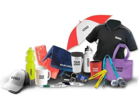 Mixed promotional items including mugs, caps, umbrellas, bags, and sports gear—all excellent examples of the best marketing materials for giveaways and brand promotion.