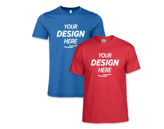 Customizable t-shirts in red and blue with “Your Design Here” text, showcasing the best marketing materials for brand promotion.