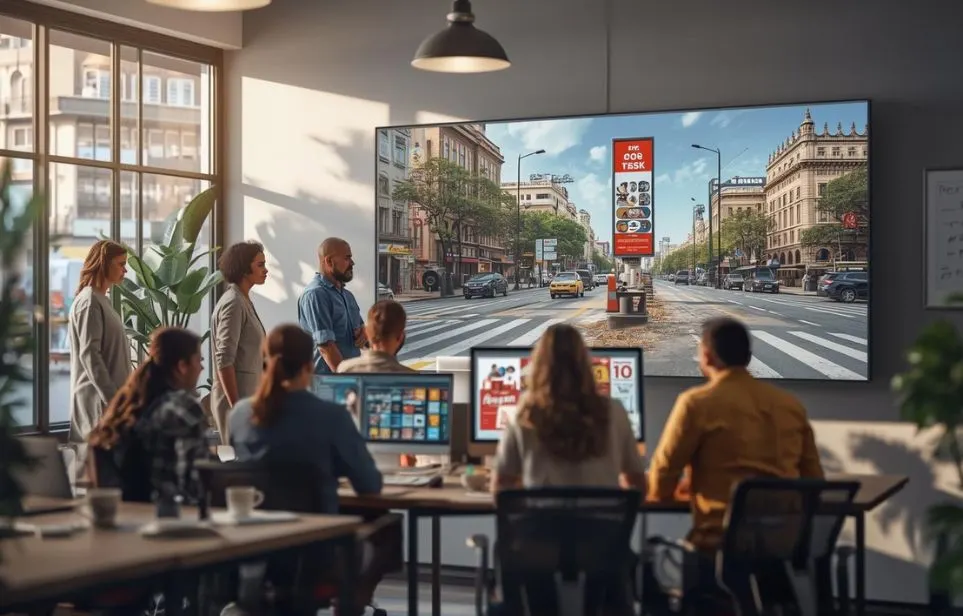 A creative team working in a modern office on digital billboard designs and marketing campaigns for an Outdoor Advertising Agency in Gomti Nagar Lucknow, showcasing street ad mockups on large screens.
