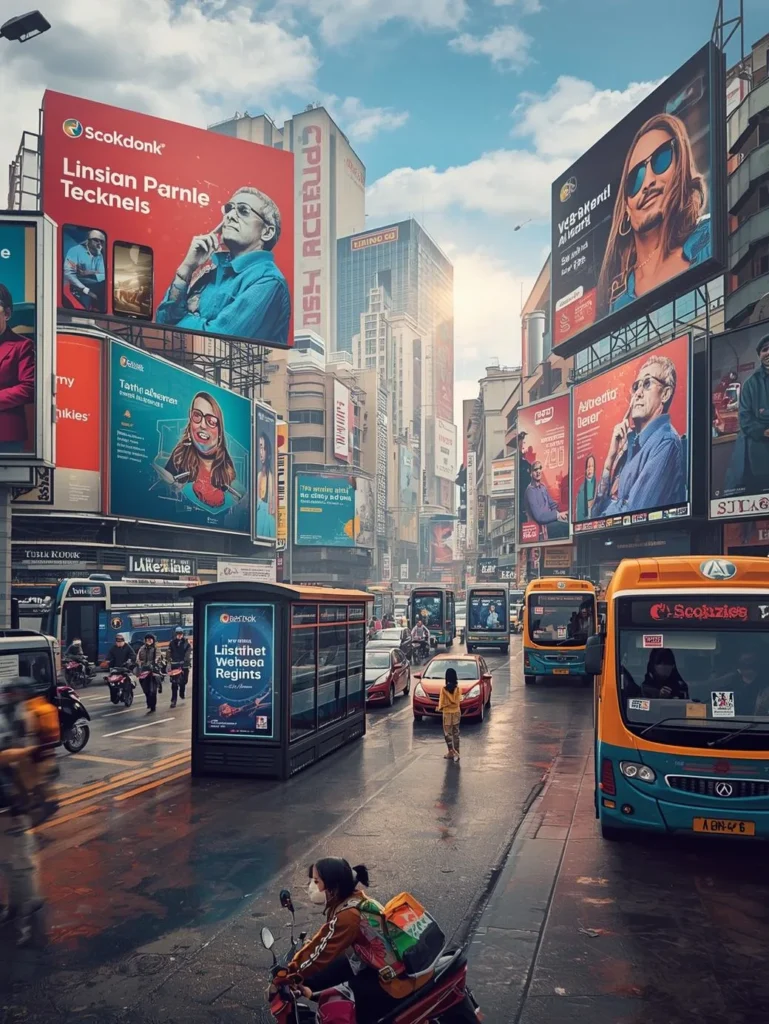 A busy city scene in Lucknow with hoardings, bus shelters, and LED billboards designed by an Outdoor Advertising Agency in Gomti Nagar Lucknow, displaying vibrant and innovative ad campaigns.