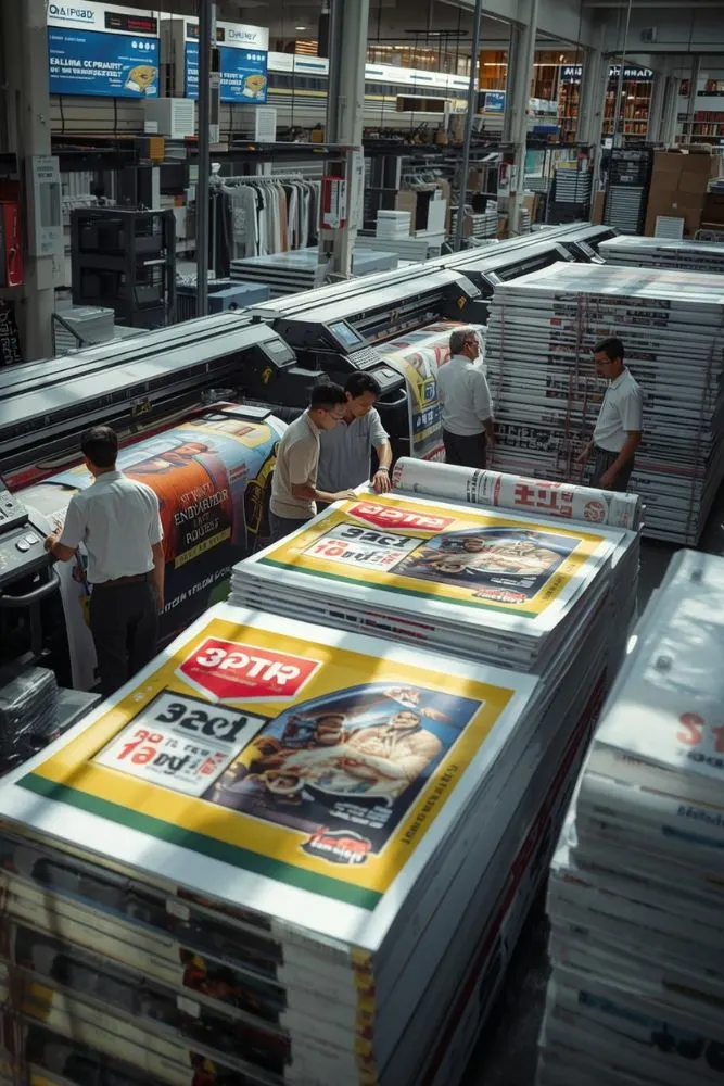 High-quality large format posters being printed at the best printing company in Lucknow, showcasing professional printing machines and staff working on vibrant advertising materials.