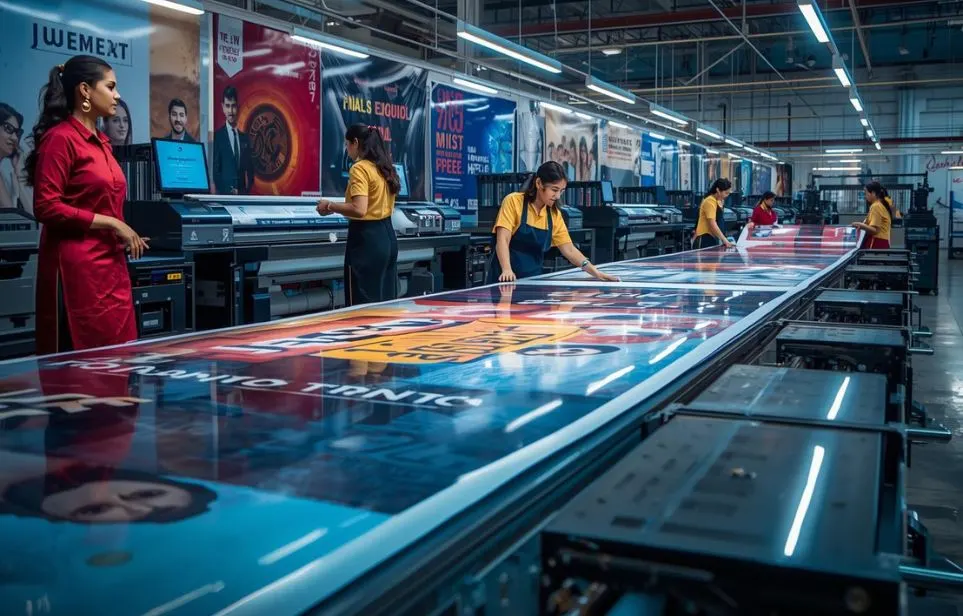 Team working on large-format banner printing at the best printing company in Lucknow, using advanced machines for high-quality advertising and promotional materials.