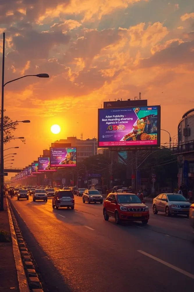 Digital hoardings on a busy Lucknow road at sunset displaying vibrant advertisements by Adon Publicity, a leading hoarding advertising agency in Lucknow, with cars and city traffic under a glowing evening sky.