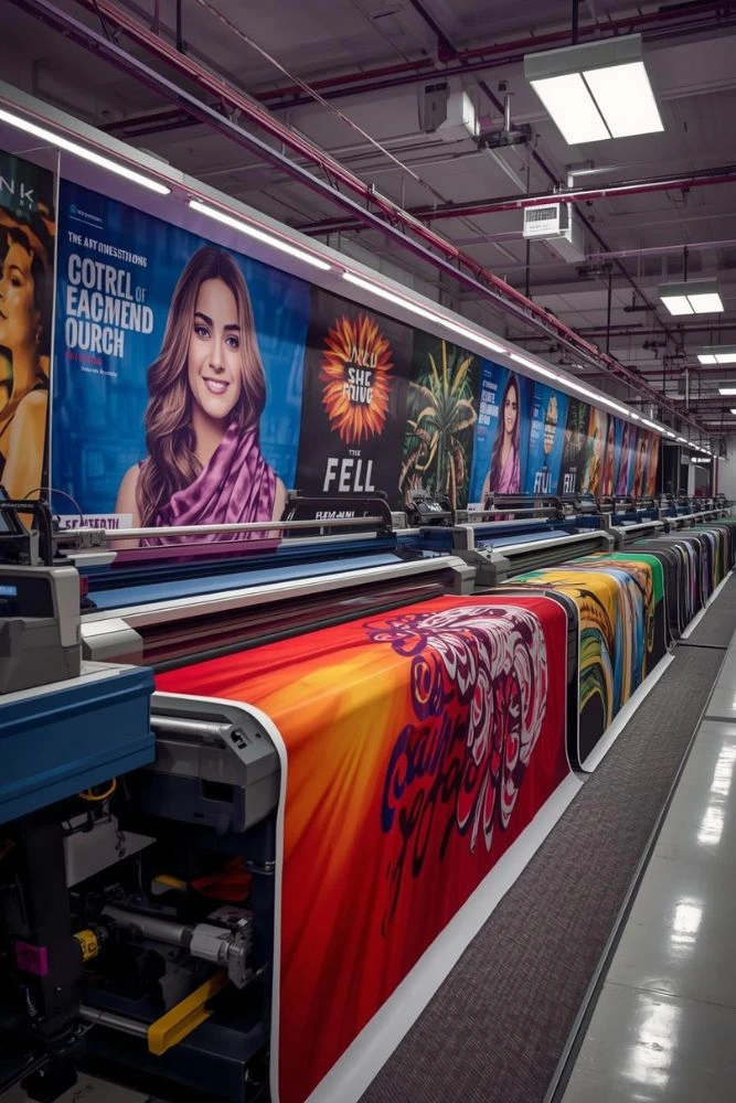 High-quality banners being produced on large-format printers, showcasing the advanced digital printing in Lucknow for vibrant and detailed advertising visuals.