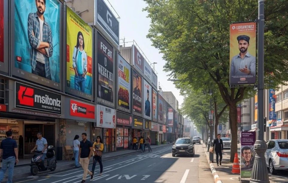 Clean commercial street featuring high-resolution posters and banners created through digital printing in Lucknow, used for branding and promotional displays.