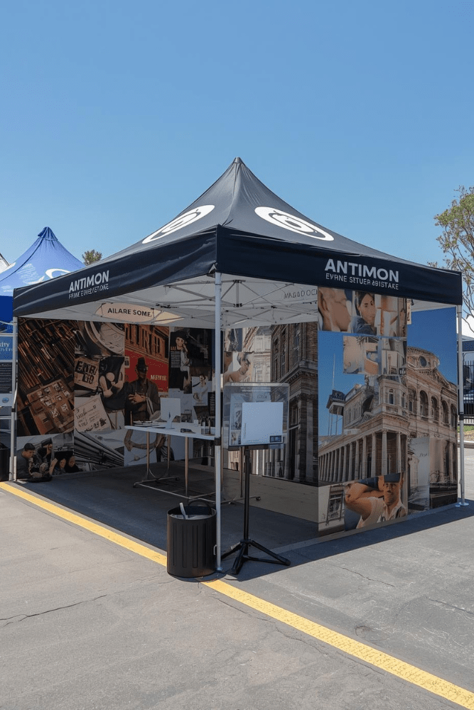 Canopy advertising setup at an outdoor event featuring a branded promotional canopy with printed graphics, showcasing professional canopy advertising design for brand visibility and marketing.